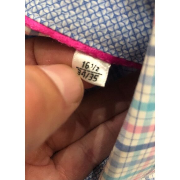 Bugatchi Uomo Mens 16.5 Blue Pink Long Sleeve Button Down Shirt Turn Cuffs - Picture 4 of 6